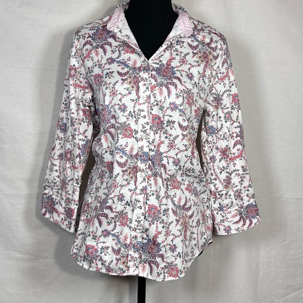 Chaps Floral Button Down Shirt Pink Paisley Cotton Blouse Preppy Cottagecore